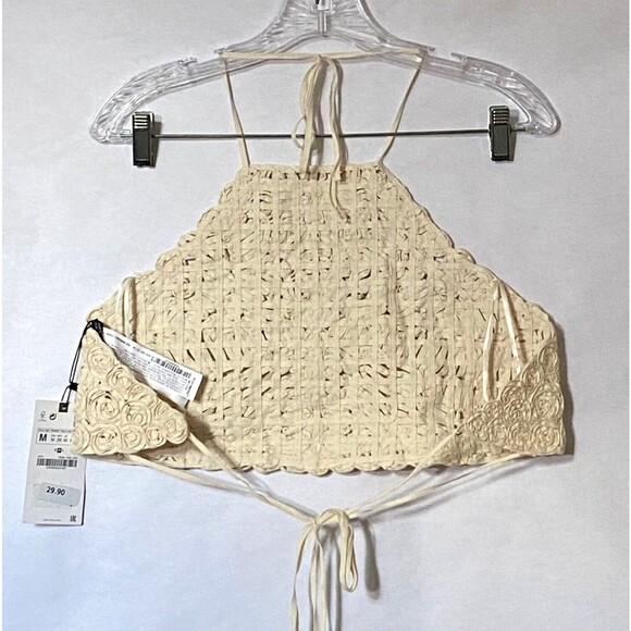 Zara Halter Top Women Size Medium Cream Floral Crochet 100% Cotton Ties NWT - Picture 5 of 15
